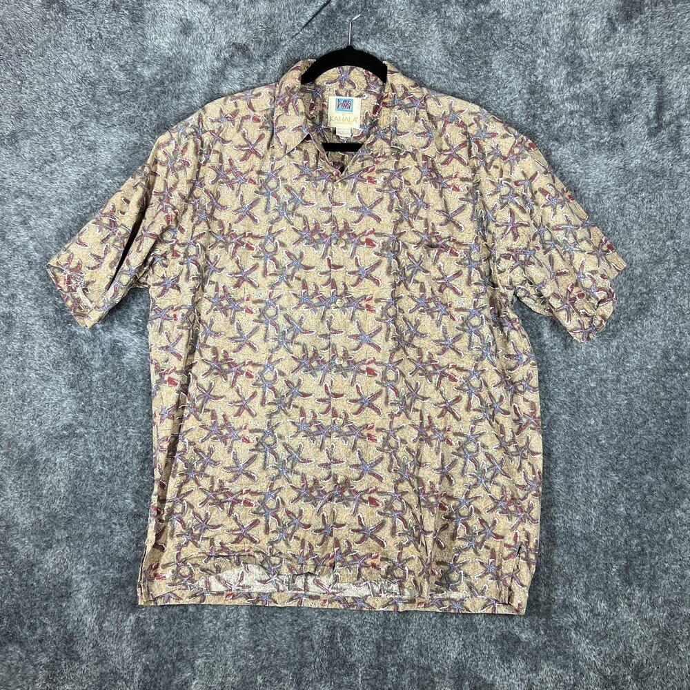 Kahala Hawaiian Shirt Mens Large Beige Starfish Print Aloha Button Up Hawaii